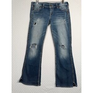 Silver Y2K Jeans Twisted Bootcut Distressed Low Rise Blue Denim W32 L30